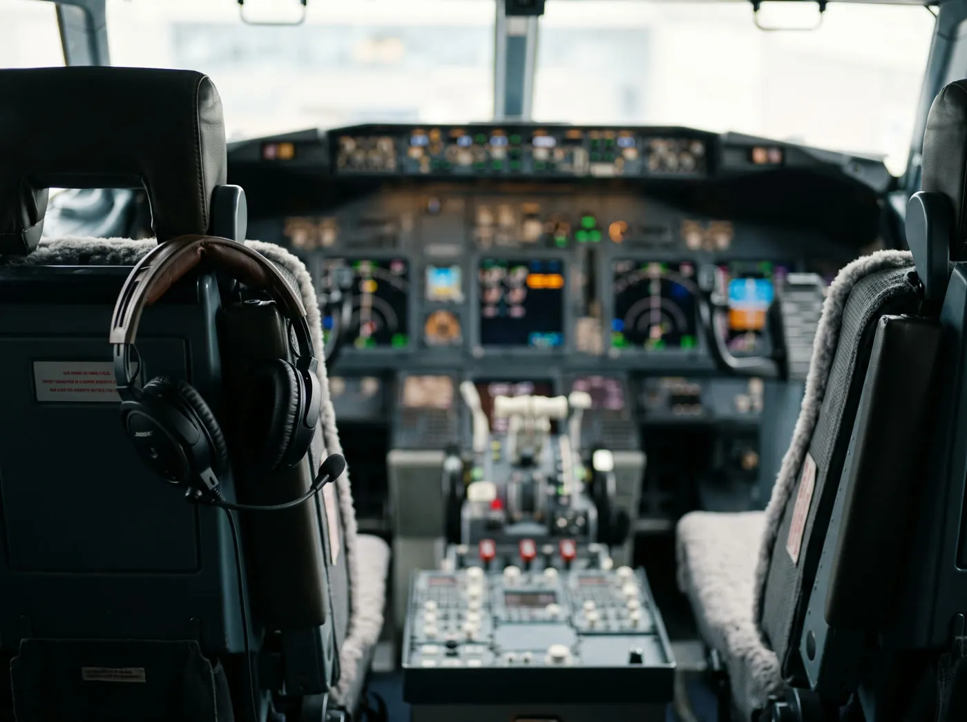 Flight deck ready, headset hung on the captain's seat