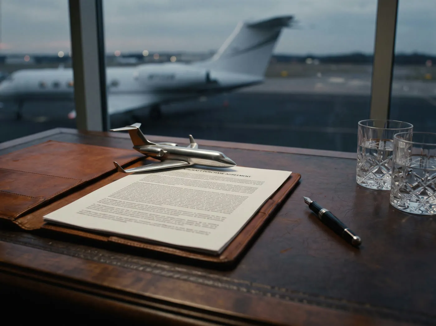 Closing desk with a purchase agreement, a jet beyond the window