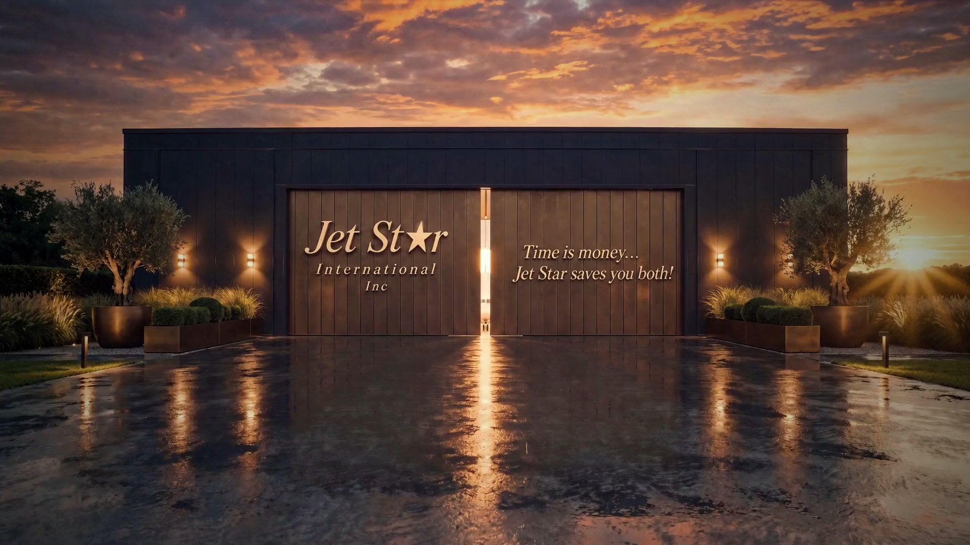 The Jet Star International hangar at dusk, doors closed